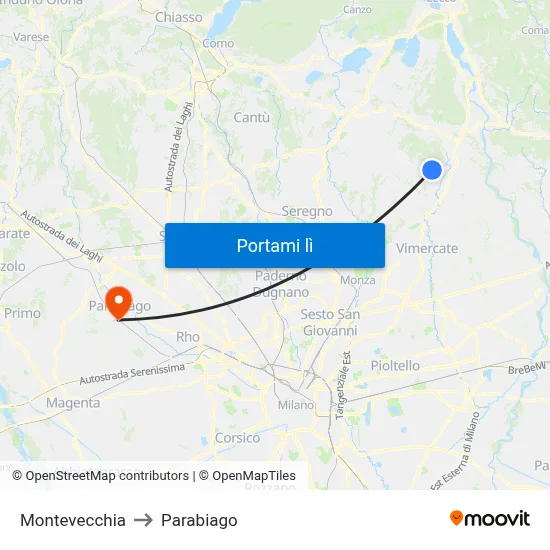 Montevecchia to Parabiago map