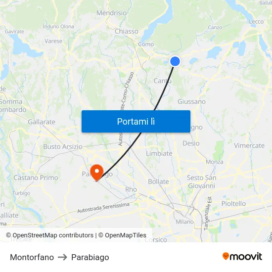 Montorfano to Parabiago map