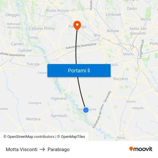 Motta Visconti to Parabiago map