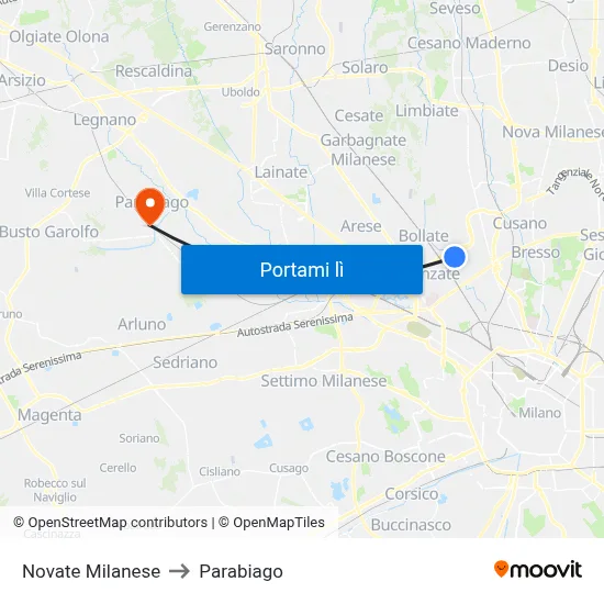 Novate Milanese to Parabiago map