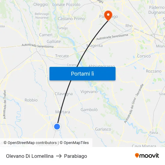 Olevano Di Lomellina to Parabiago map