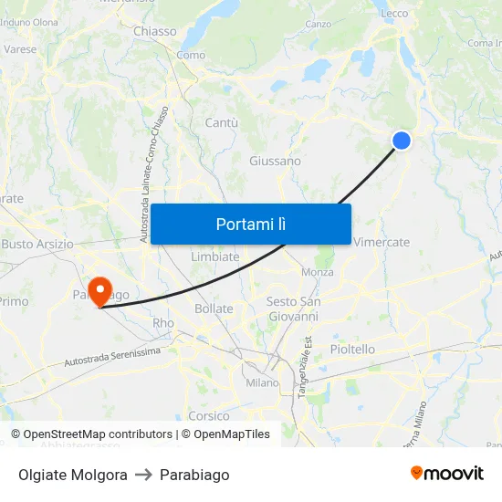 Olgiate Molgora to Parabiago map