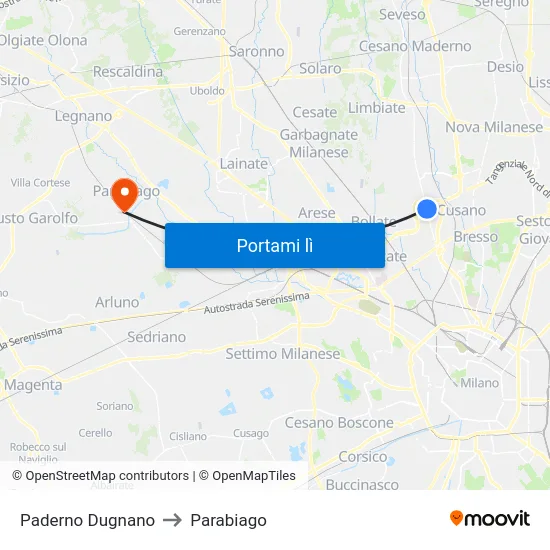 Paderno Dugnano to Parabiago map