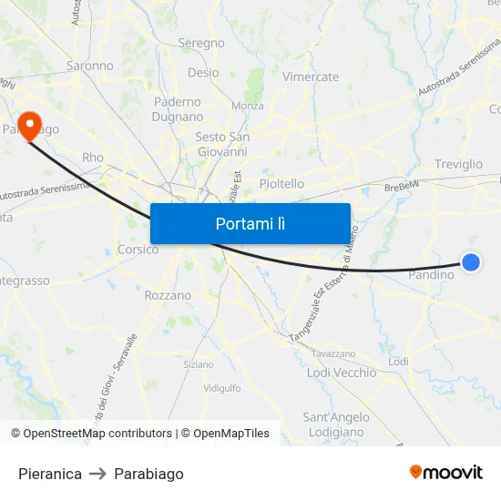 Pieranica to Parabiago map