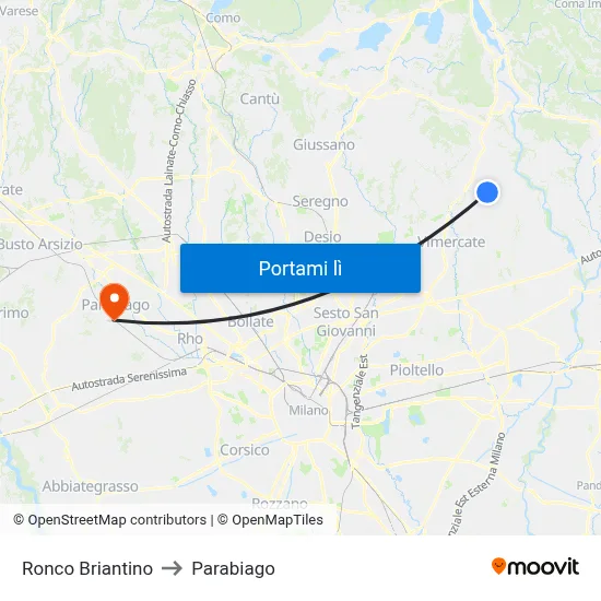 Ronco Briantino to Parabiago map