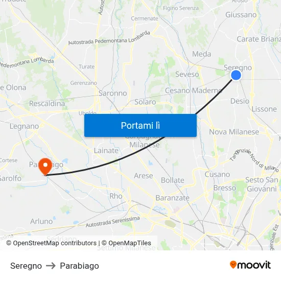 Seregno to Parabiago map