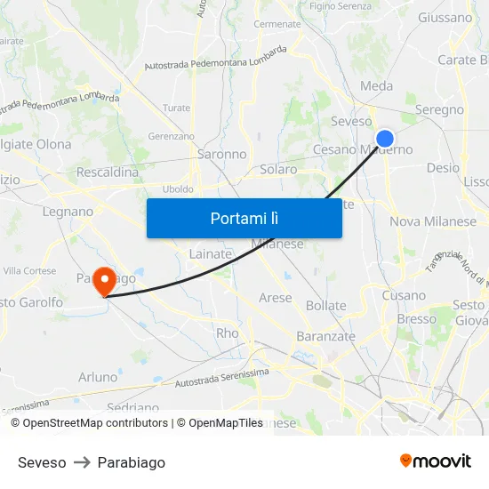 Seveso to Parabiago map