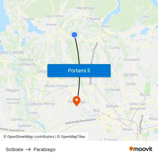 Solbiate to Parabiago map