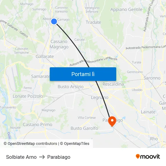 Solbiate Arno to Parabiago map