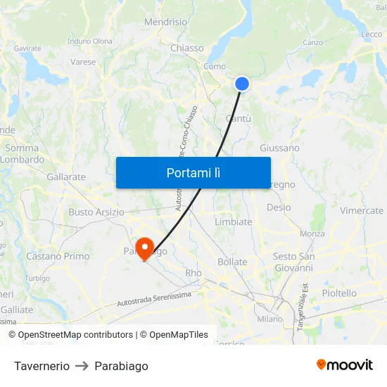 Tavernerio to Parabiago map