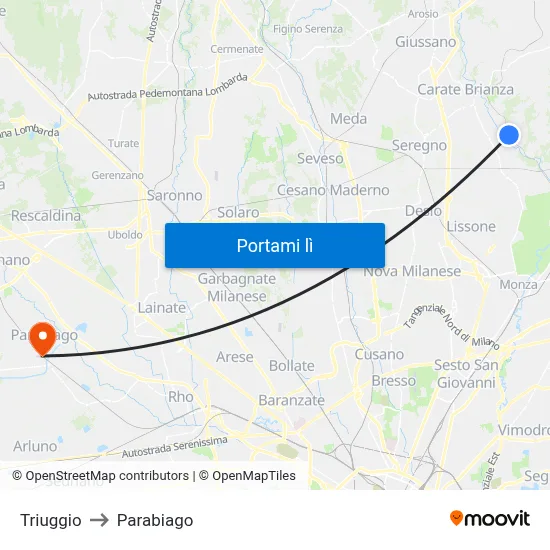 Triuggio to Parabiago map