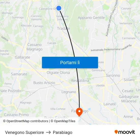 Venegono Superiore to Parabiago map