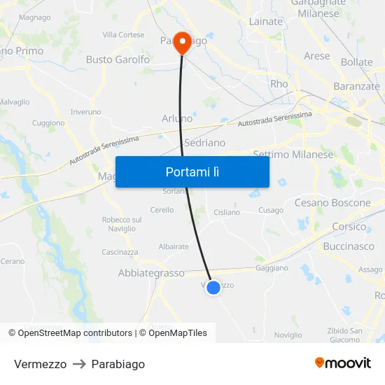 Vermezzo to Parabiago map