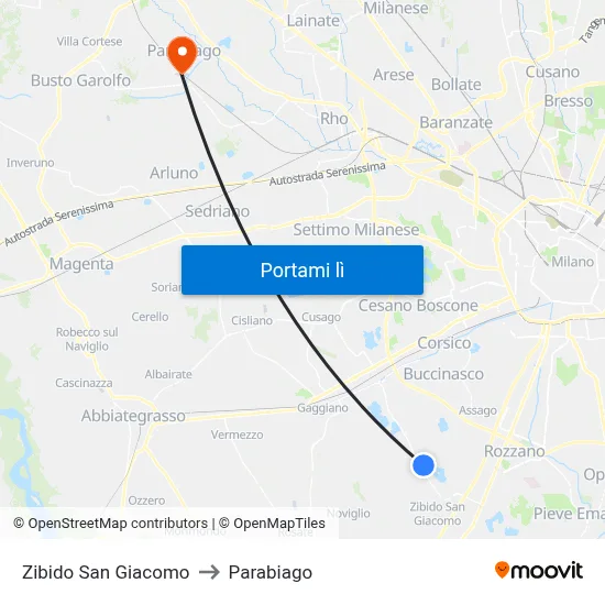 Zibido San Giacomo to Parabiago map