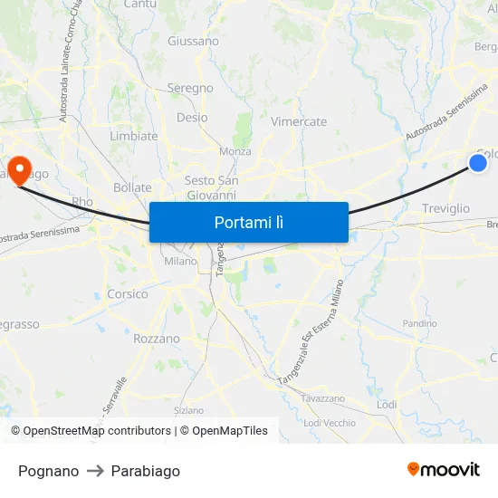 Pognano to Parabiago map