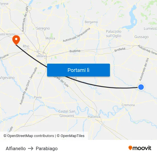 Alfianello to Parabiago map