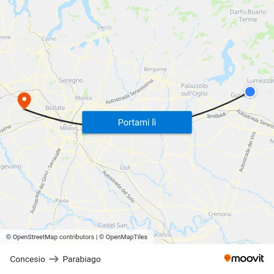 Concesio to Parabiago map