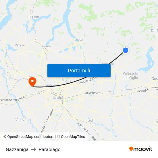 Gazzaniga to Parabiago map