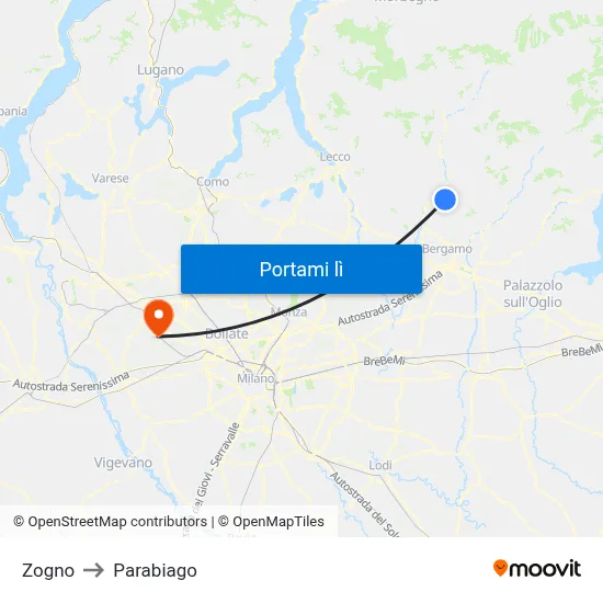 Zogno to Parabiago map