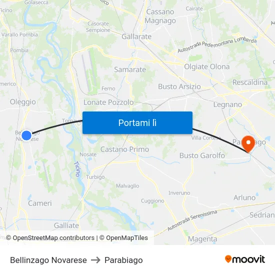 Bellinzago Novarese to Parabiago map