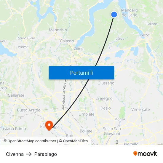 Civenna to Parabiago map