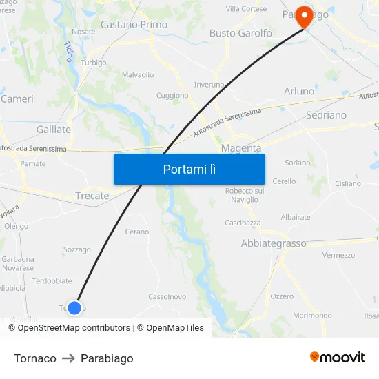 Tornaco to Parabiago map