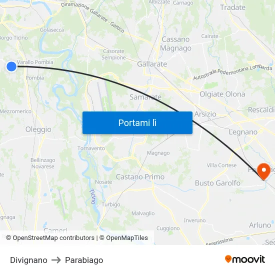 Divignano to Parabiago map