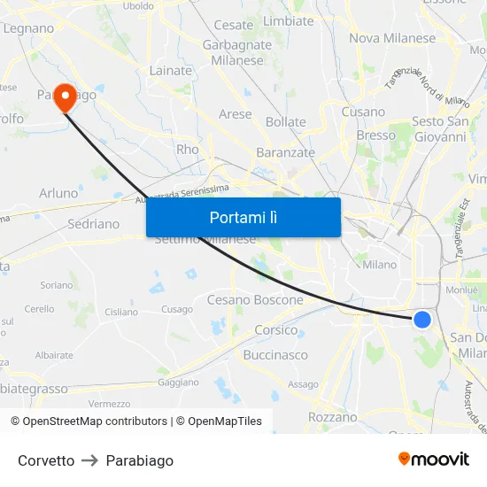 Corvetto to Parabiago map
