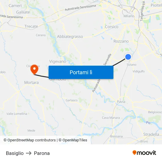 Basiglio to Parona map