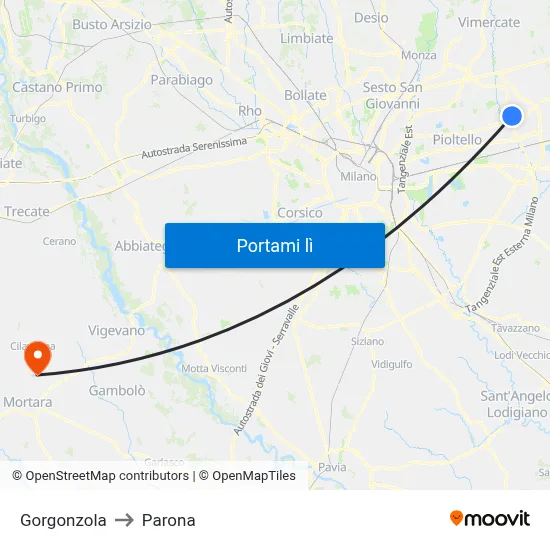 Gorgonzola to Parona map