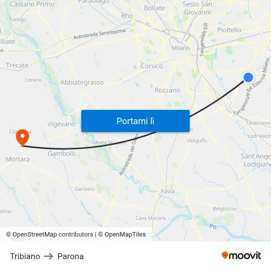 Tribiano to Parona map