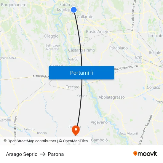 Arsago Seprio to Parona map