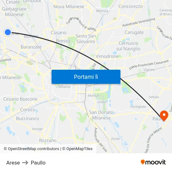 Arese to Paullo map