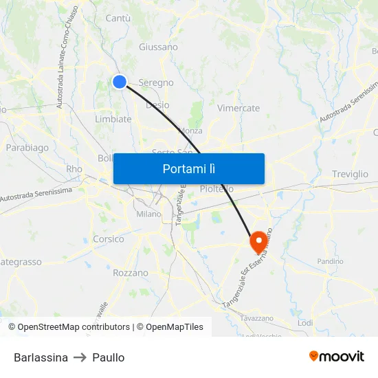 Barlassina to Paullo map
