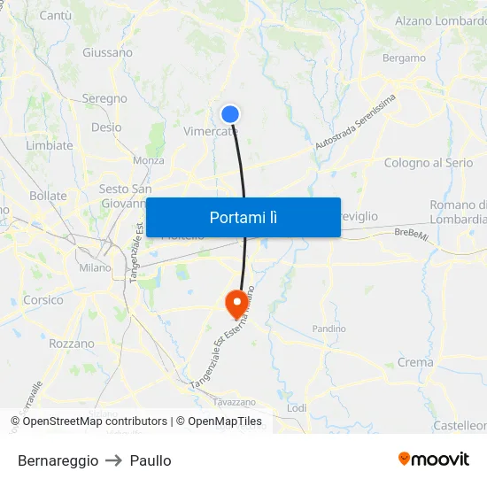 Bernareggio to Paullo map