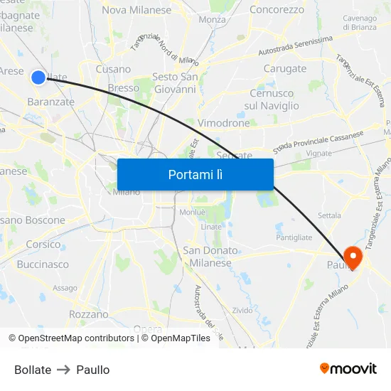 Bollate to Paullo map