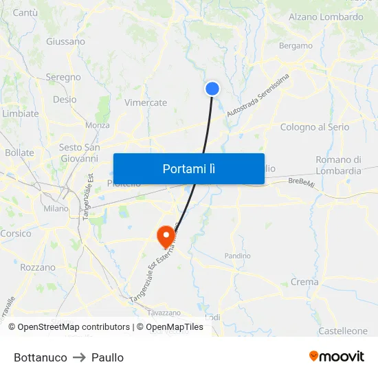 Bottanuco to Paullo map