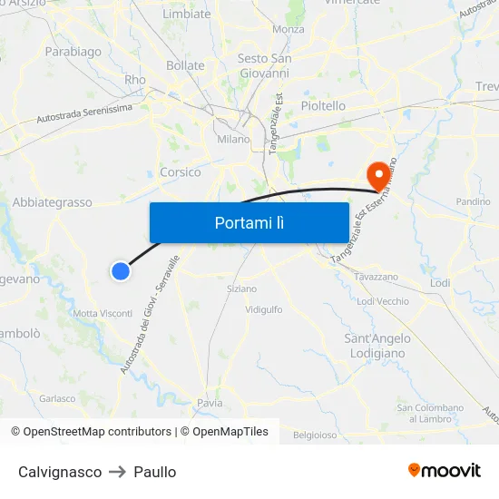Calvignasco to Paullo map