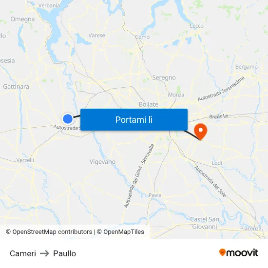 Cameri to Paullo map