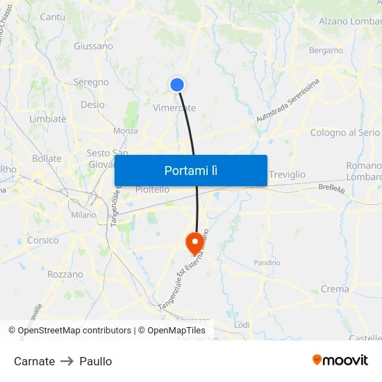 Carnate to Paullo map