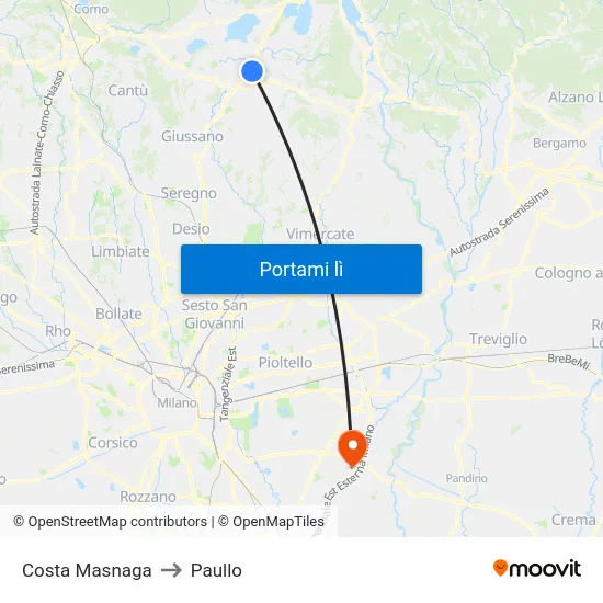 Costa Masnaga to Paullo map