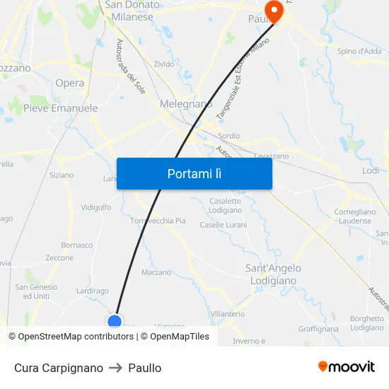 Cura Carpignano to Paullo map