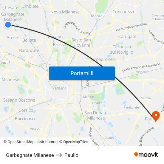 Garbagnate Milanese to Paullo map