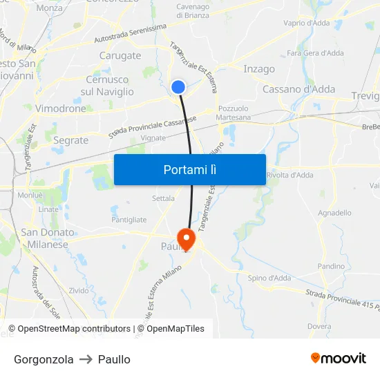 Gorgonzola to Paullo map