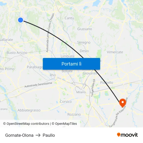 Gornate-Olona to Paullo map