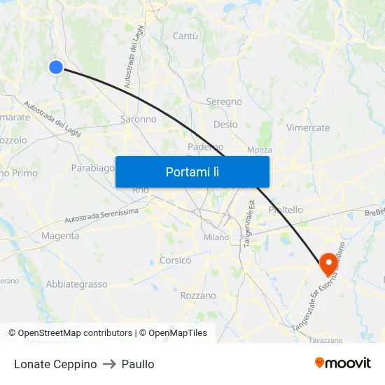 Lonate Ceppino to Paullo map