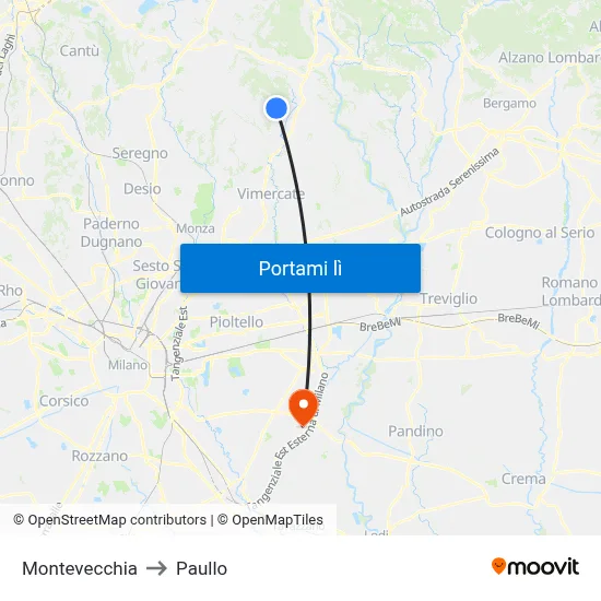 Montevecchia to Paullo map