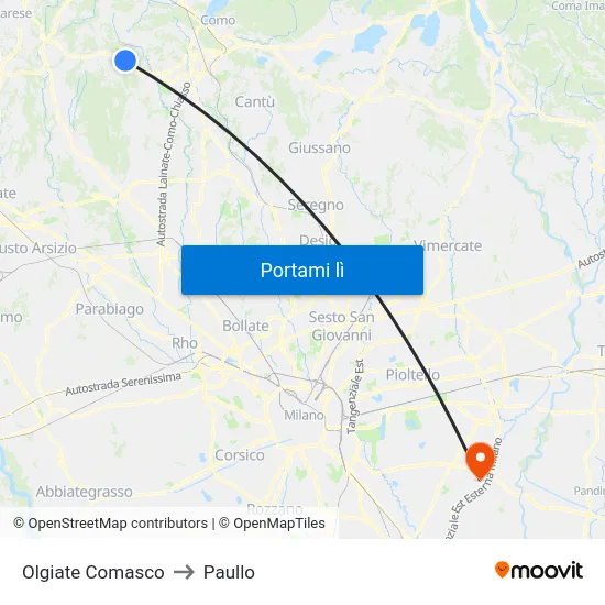 Olgiate Comasco to Paullo map