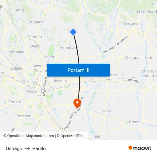 Osnago to Paullo map