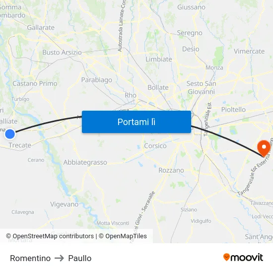 Romentino to Paullo map